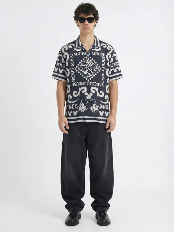 Disney By Highlander Men Black Mickey Mouse Printed Relaxed Fit Casual Shirt