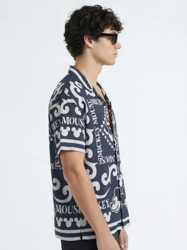 Disney By Highlander Men Black Mickey Mouse Printed Relaxed Fit Casual Shirt