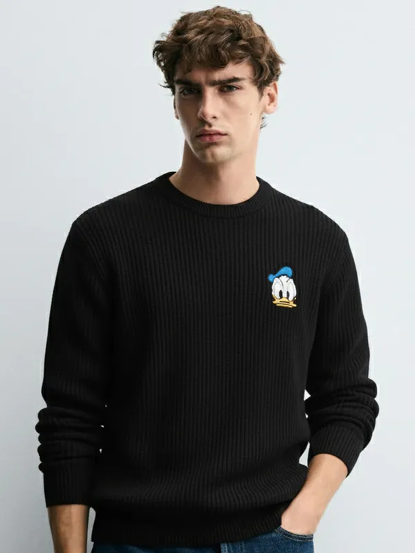Disney By Highlander Men Black Donald Duck Round Neck Pullover Sweater