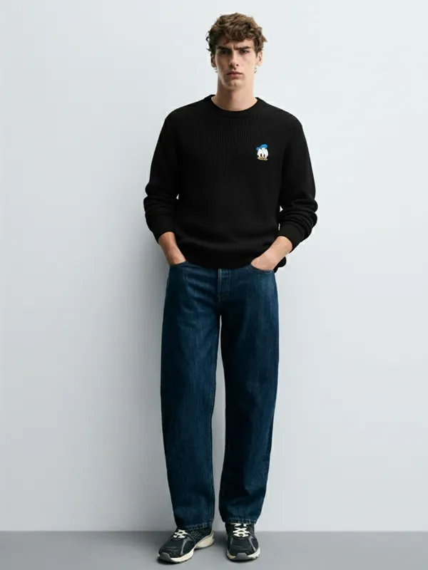 Disney By Highlander Men Black Donald Duck Round Neck Pullover Sweater