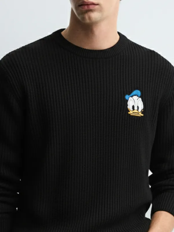 Disney By Highlander Men Black Donald Duck Round Neck Pullover Sweater