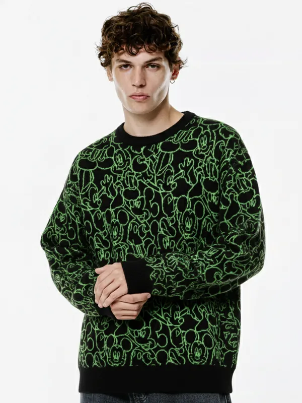 Disney By Highlander Men Black Mickey Mouse Round Neck Pullover Sweater