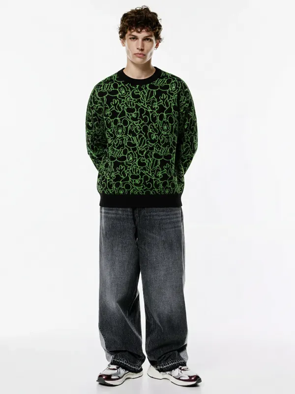 Disney By Highlander Men Black Mickey Mouse Round Neck Pullover Sweater