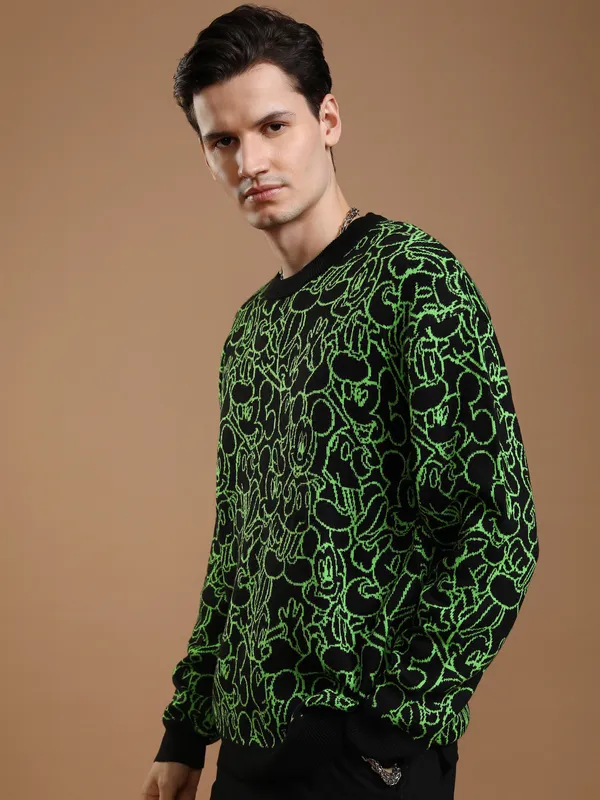 Disney By Highlander Men Black Mickey Mouse Round Neck Pullover Sweater