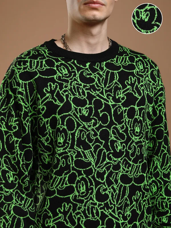 Disney By Highlander Men Black Mickey Mouse Round Neck Pullover Sweater