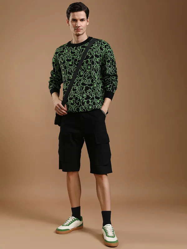 Disney By Highlander Men Black Mickey Mouse Round Neck Pullover Sweater