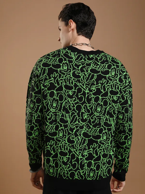 Disney By Highlander Men Black Mickey Mouse Round Neck Pullover Sweater