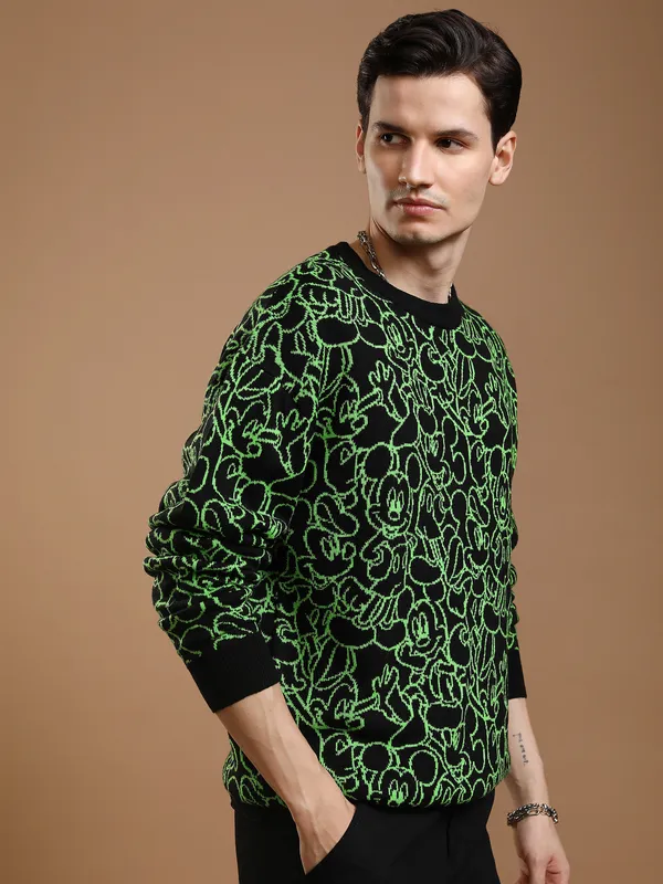 Disney By Highlander Men Black Mickey Mouse Round Neck Pullover Sweater