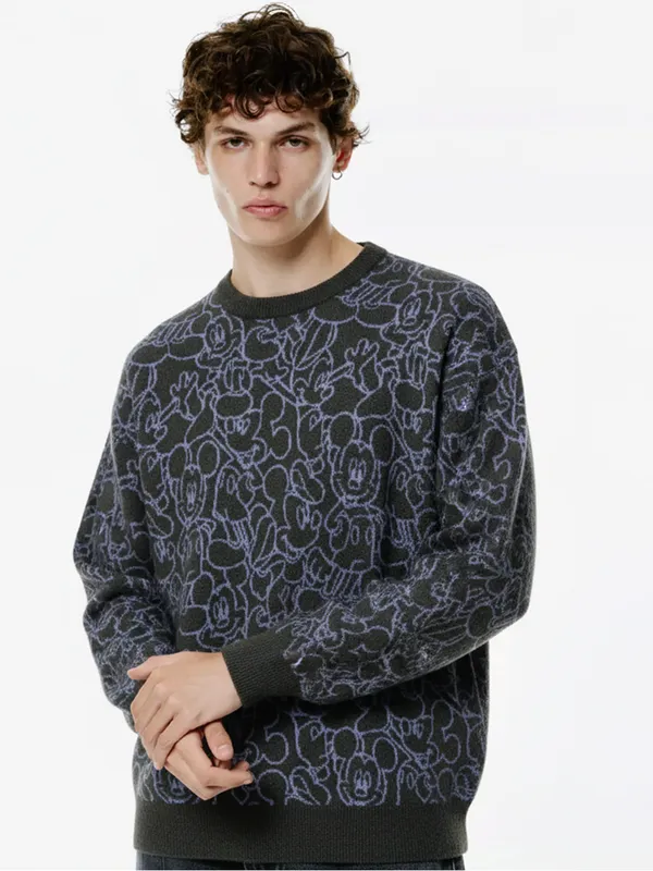 Disney By Highlander Men Grey Mickey Mouse Round Neck Pullover Sweater