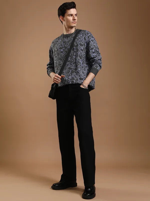 Disney By Highlander Men Grey Mickey Mouse Round Neck Pullover Sweater