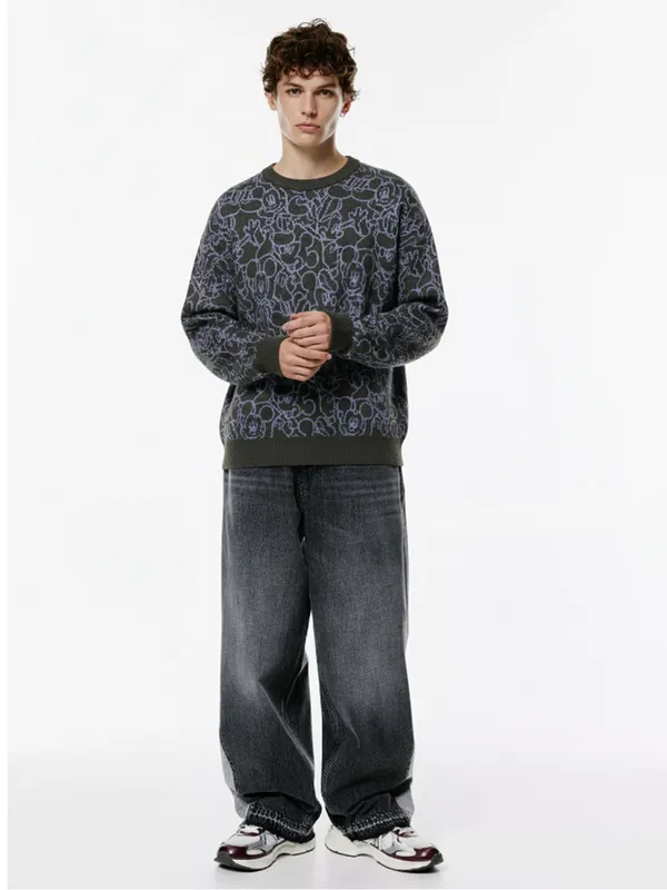 Disney By Highlander Men Grey Mickey Mouse Round Neck Pullover Sweater