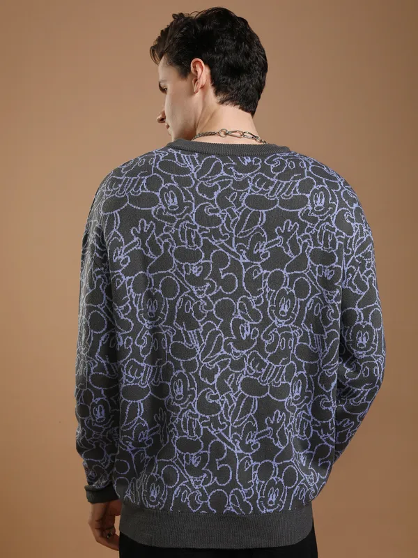 Disney By Highlander Men Grey Mickey Mouse Round Neck Pullover Sweater