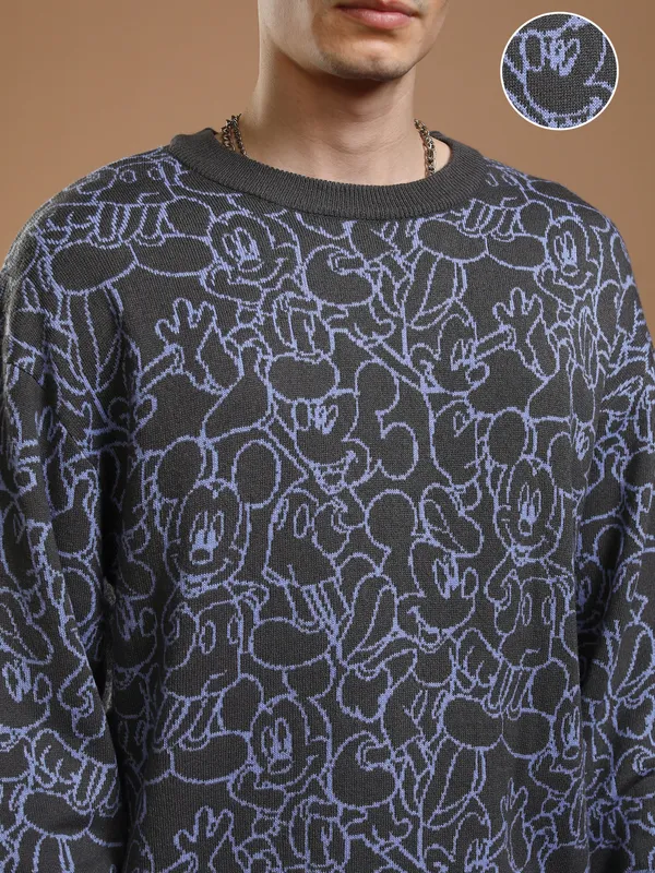 Disney By Highlander Men Grey Mickey Mouse Round Neck Pullover Sweater