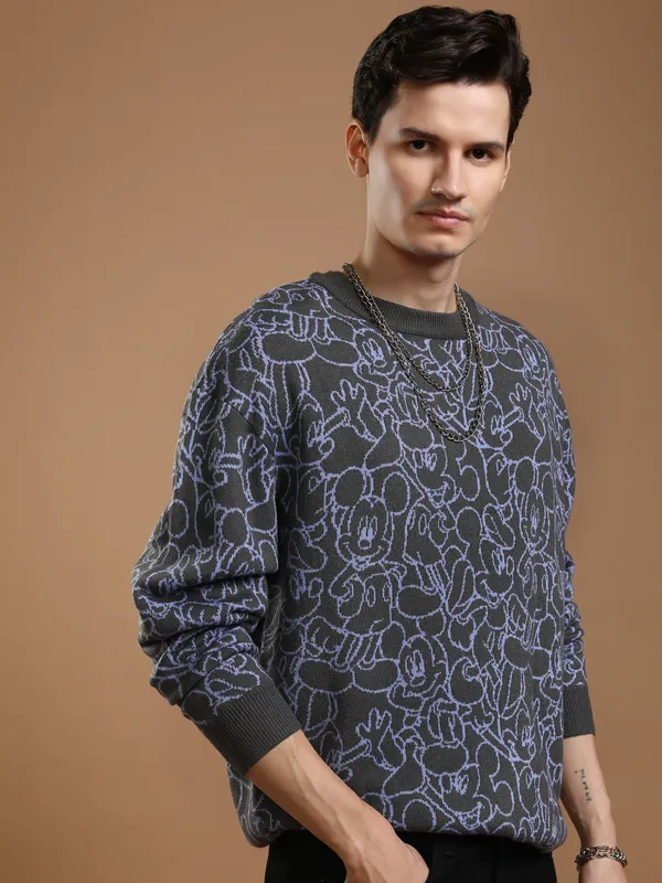 Disney By Highlander Men Grey Mickey Mouse Round Neck Pullover Sweater