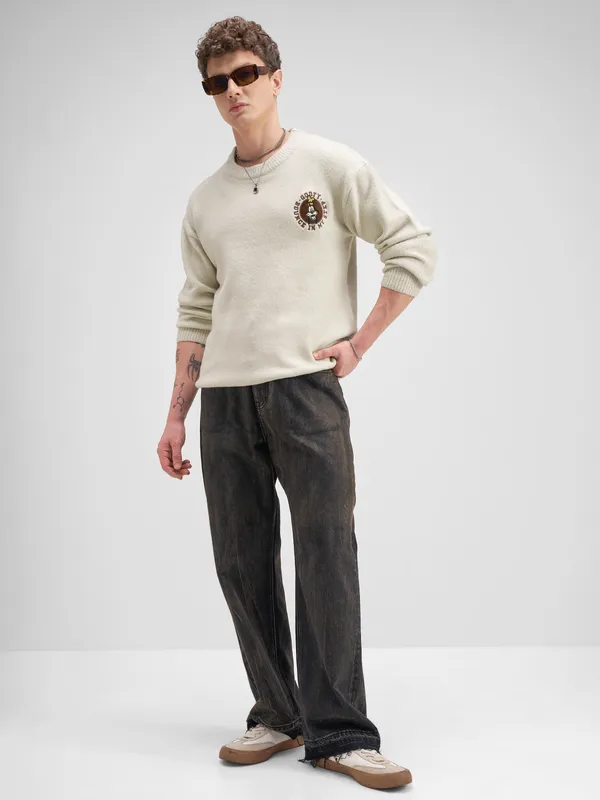 Disney Highlander Men Cream Round Neck Pullover Sweater