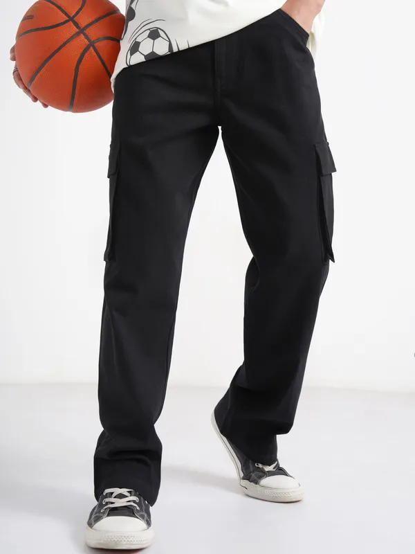 Disney By Highlander Men Black Mickey Mouse Loose Fit Solid Cargos