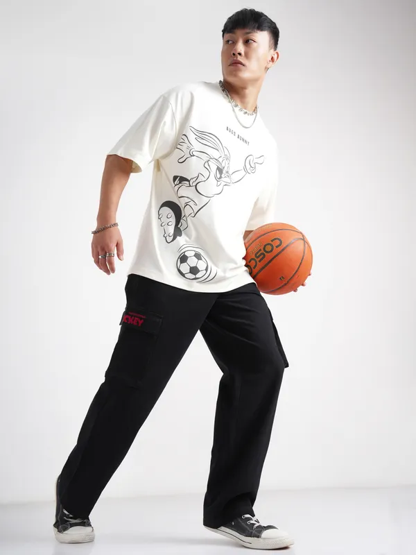 Disney By Highlander Men Black Mickey Mouse Loose Fit Solid Cargos