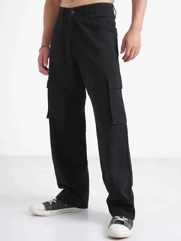 Disney By Highlander Men Black Mickey Mouse Loose Fit Solid Cargos