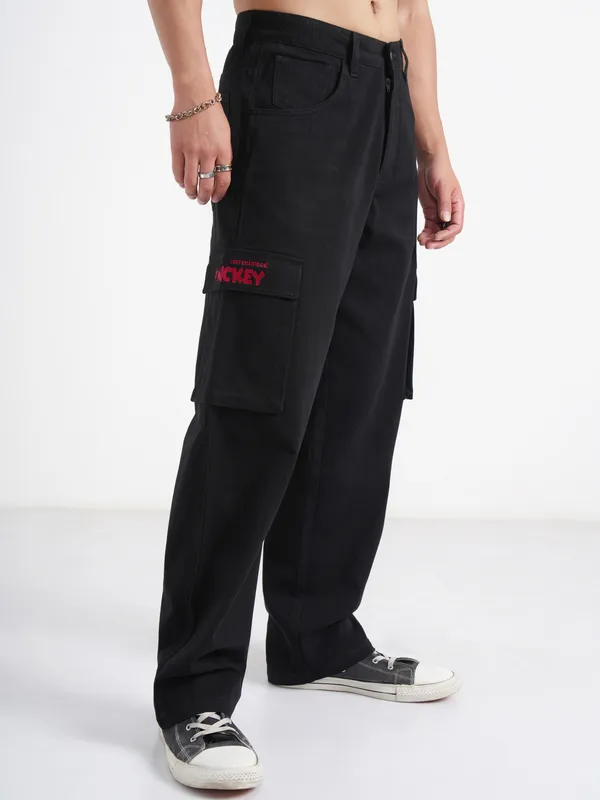 Disney By Highlander Men Black Mickey Mouse Loose Fit Solid Cargos