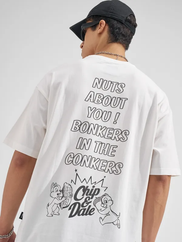 Dsiney By Highlander Men White Chip And Dale Printed Round Neck Oversized Fit T-Shirt
