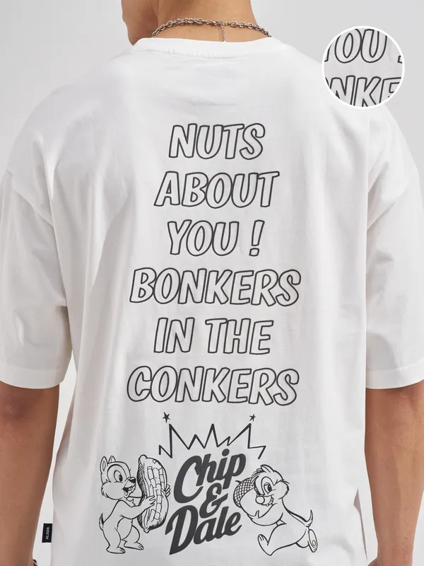 Dsiney By Highlander Men White Chip And Dale Printed Round Neck Oversized Fit T-Shirt