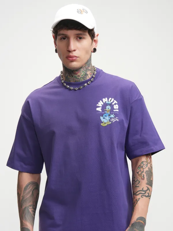 Disney By Highlander Men Purple Donald Duck Printed Round Neck Oversized Fit T-Shirt