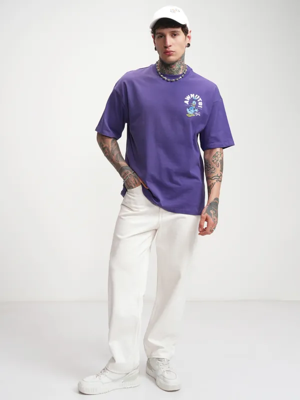 Disney By Highlander Men Purple Donald Duck Printed Round Neck Oversized Fit T-Shirt