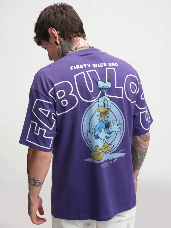Disney By Highlander Men Purple Donald Duck Printed Round Neck Oversized Fit T-Shirt