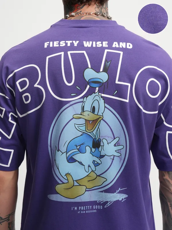 Disney By Highlander Men Purple Donald Duck Printed Round Neck Oversized Fit T-Shirt