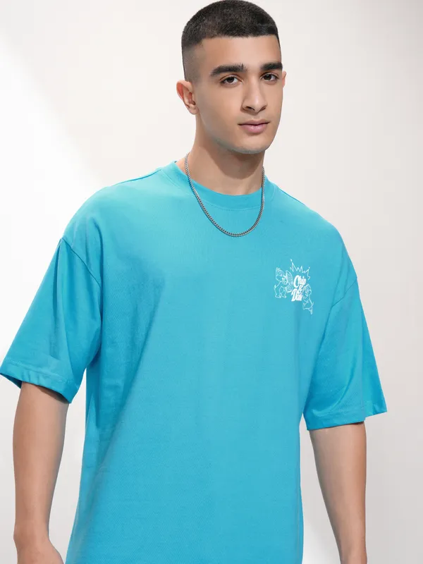 Disney By Highlander Men Turquoise Chip And Dale Printed Round Neck Oversized Fit T-Shirt
