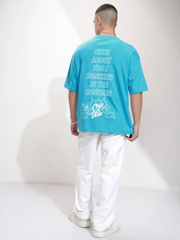 Disney By Highlander Men Turquoise Chip And Dale Printed Round Neck Oversized Fit T-Shirt