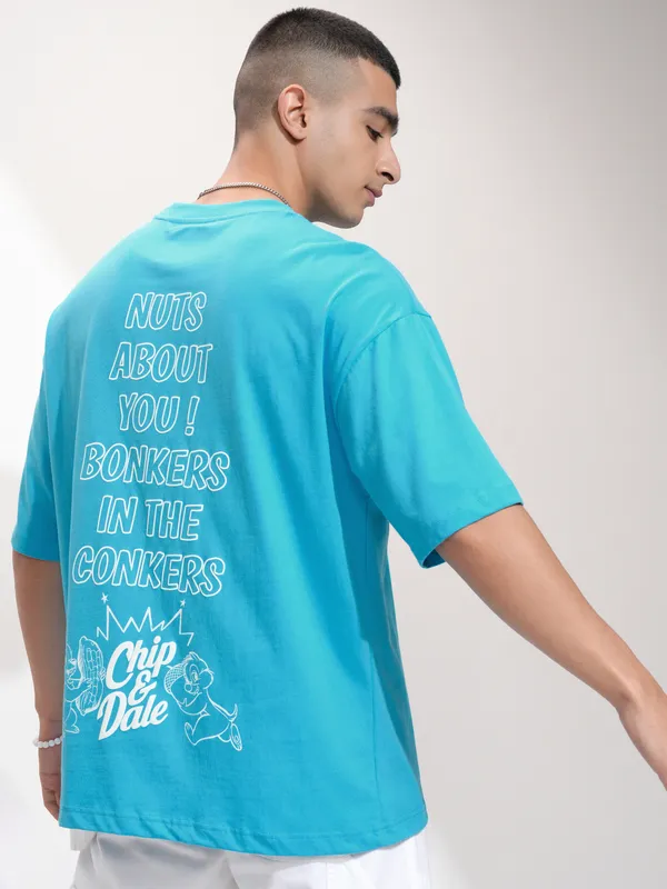 Disney By Highlander Men Turquoise Chip And Dale Printed Round Neck Oversized Fit T-Shirt