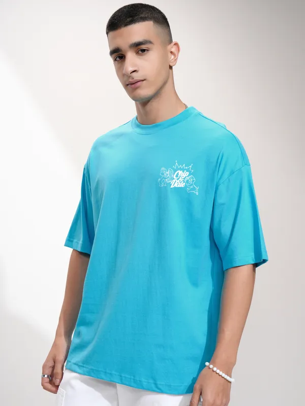 Disney By Highlander Men Turquoise Chip And Dale Printed Round Neck Oversized Fit T-Shirt