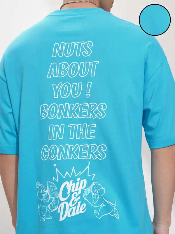 Disney By Highlander Men Turquoise Chip And Dale Printed Round Neck Oversized Fit T-Shirt