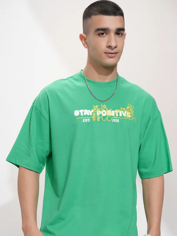 Disney By Highlander Men Green Mickey Mouse Printed Round Neck Oversized Fit T-Shirt
