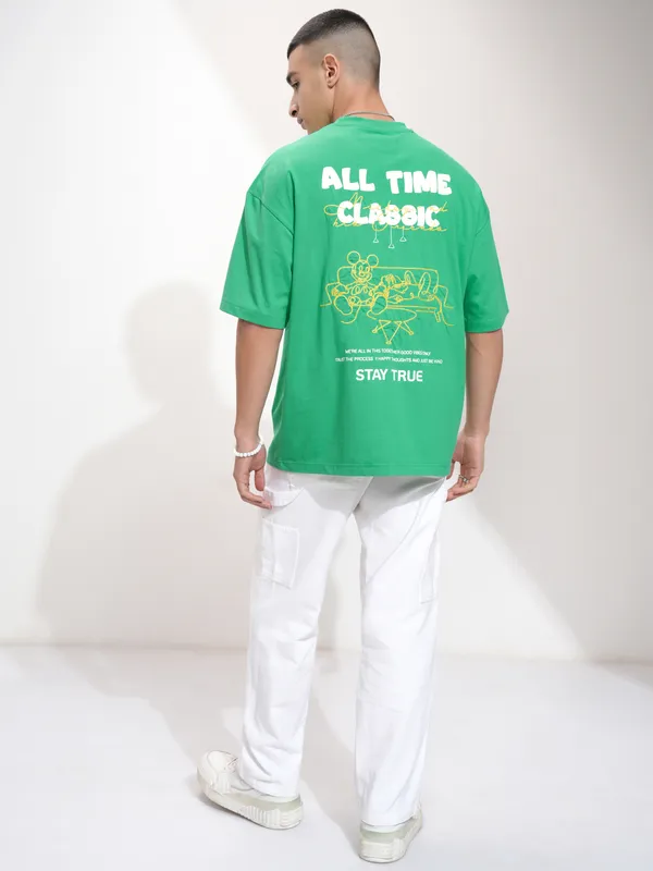 Disney By Highlander Men Green Mickey Mouse Printed Round Neck Oversized Fit T-Shirt