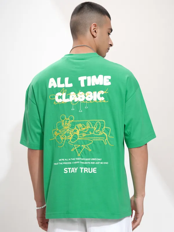 Disney By Highlander Men Green Mickey Mouse Printed Round Neck Oversized Fit T-Shirt