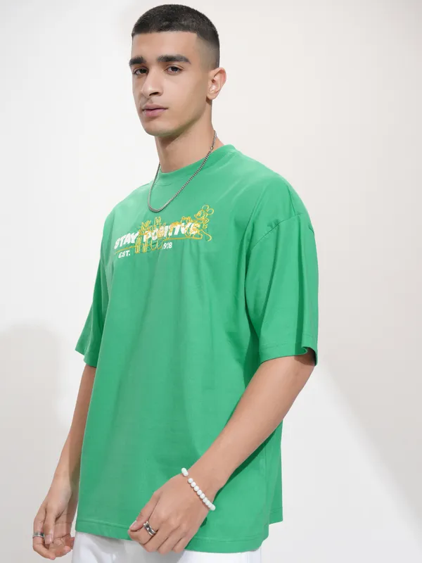 Disney By Highlander Men Green Mickey Mouse Printed Round Neck Oversized Fit T-Shirt