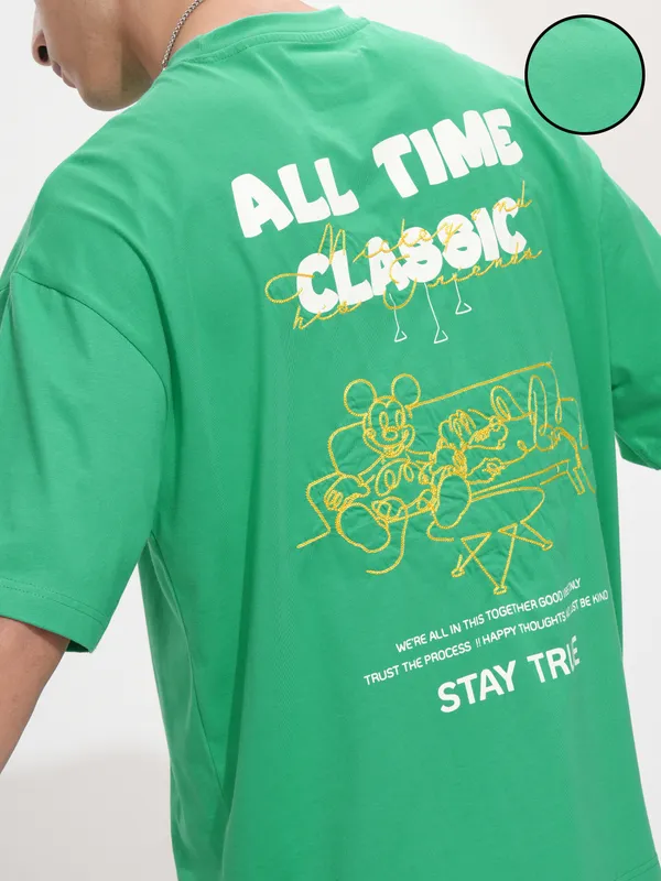 Disney By Highlander Men Green Mickey Mouse Printed Round Neck Oversized Fit T-Shirt