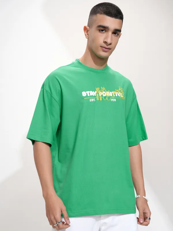 Disney By Highlander Men Green Mickey Mouse Printed Round Neck Oversized Fit T-Shirt