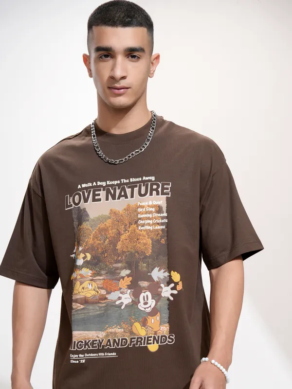 Disney By Highlander Men Brown Mickey And Friends Printed Round Neck Oversized Fit T-Shirt