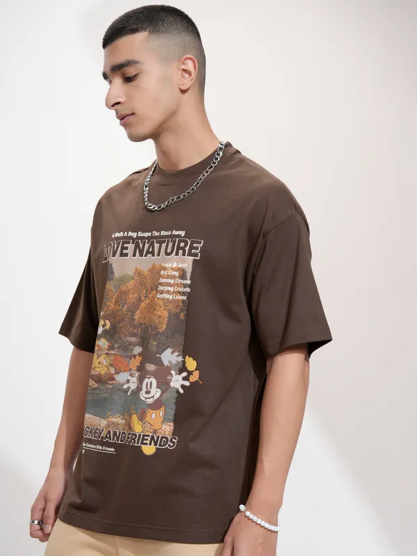 Disney By Highlander Men Brown Mickey And Friends Printed Round Neck Oversized Fit T-Shirt