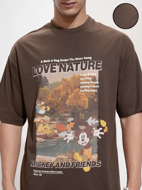 Disney By Highlander Men Brown Mickey And Friends Printed Round Neck Oversized Fit T-Shirt