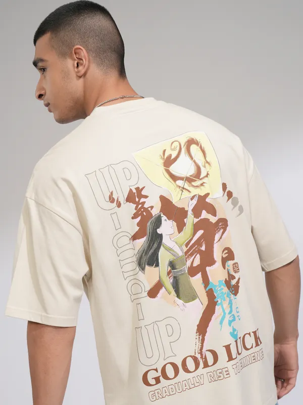Disney By Highlander Men Cream Mulan Printed Round Neck Oversized Fit T-Shirt