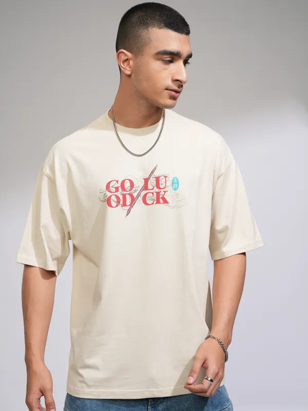 Disney By Highlander Men Cream Mulan Printed Round Neck Oversized Fit T-Shirt