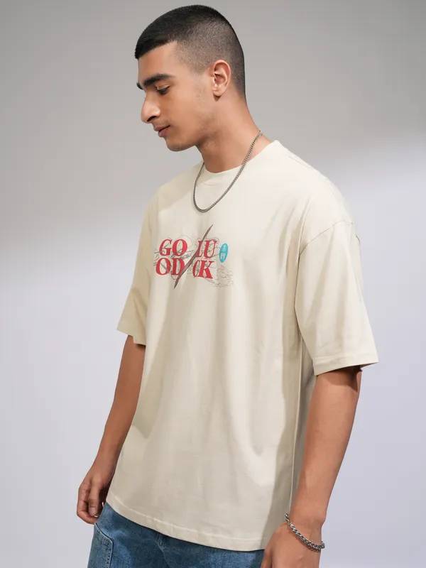 Disney By Highlander Men Cream Mulan Printed Round Neck Oversized Fit T-Shirt