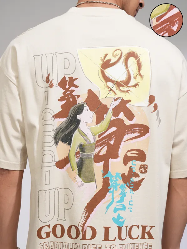 Disney By Highlander Men Cream Mulan Printed Round Neck Oversized Fit T-Shirt