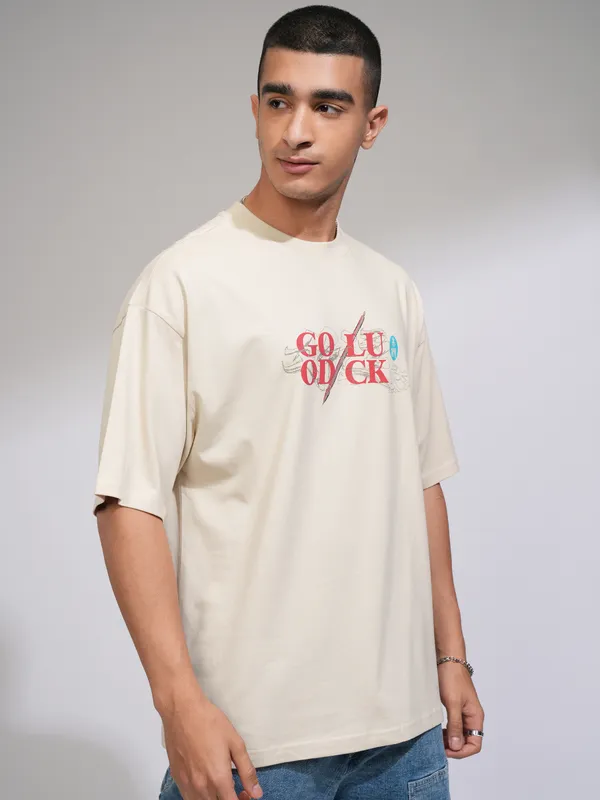 Disney By Highlander Men Cream Mulan Printed Round Neck Oversized Fit T-Shirt