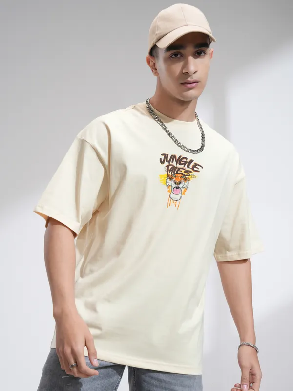 Disney By Highlander Men Cream Sher Khan & Mowgli Printed Round Neck Oversized Fit T-Shirt