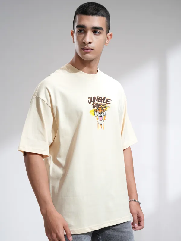 Disney By Highlander Men Cream Sher Khan & Mowgli Printed Round Neck Oversized Fit T-Shirt